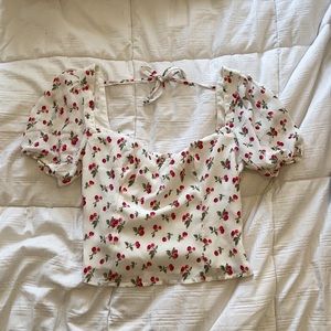 Abercrombie & Fitch White Puff Sleeve Squareneck Top Cherry Print